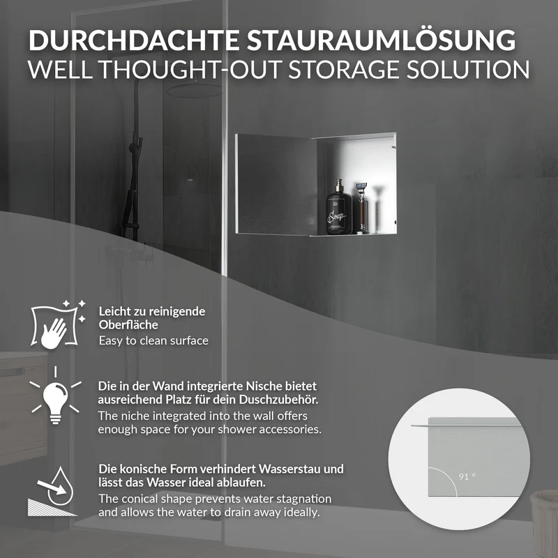 Wandnische Dusche mit befliesbarer Tür 25,5x25,5 cm Silber aus Edelstahl randlos Duschnische Duschablage LuxeBath