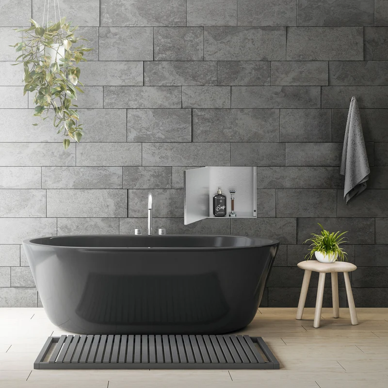 Wandnische Dusche mit befliesbarer Tür 25,5x25,5 cm Silber aus Edelstahl randlos Duschnische Duschablage LuxeBath