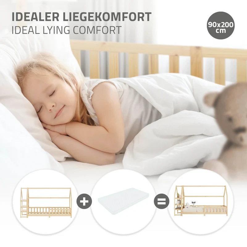 Kinderbett Hausbett 90x200 cm aus Kiefernholz Natur mit Rausfallschutz Regal Dach und Lattenrost Holzbett ML-Design