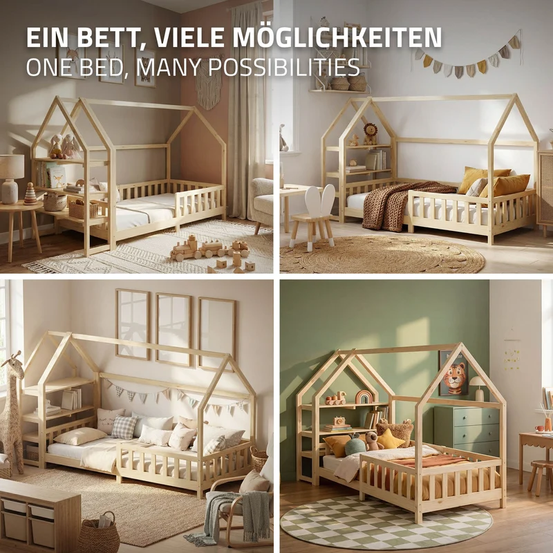 Kinderbett Hausbett 90x200 cm aus Kiefernholz Natur mit Rausfallschutz Regal Dach und Lattenrost Holzbett ML-Design