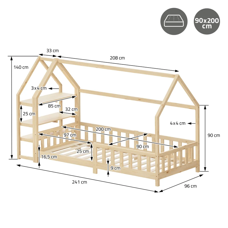 Kinderbett Hausbett 90x200 cm aus Kiefernholz Natur mit Rausfallschutz Regal Dach und Lattenrost Holzbett ML-Design
