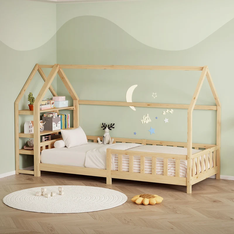Kinderbett Hausbett 90x200 cm aus Kiefernholz Natur mit Rausfallschutz Regal Dach und Lattenrost Holzbett ML-Design