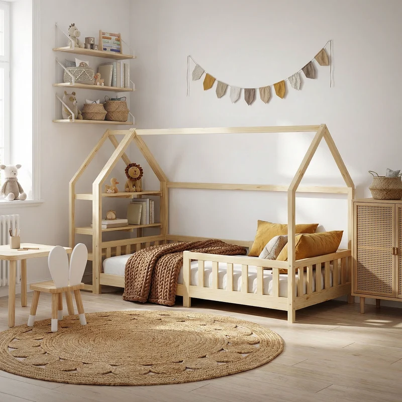 Kinderbett Hausbett 90x200 cm aus Kiefernholz Natur mit Rausfallschutz Regal Dach und Lattenrost Holzbett ML-Design
