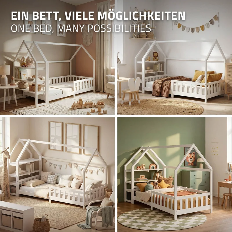 Kinderbett Hausbett 90x200 cm aus Kiefernholz Weiß mit Rausfallschutz Regal Dach und Lattenrost Holzbett ML-Design
