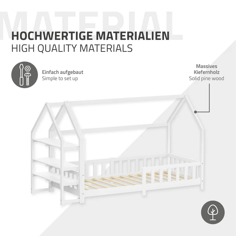 Kinderbett Hausbett 90x200 cm aus Kiefernholz Weiß mit Rausfallschutz Regal Dach und Lattenrost Holzbett ML-Design