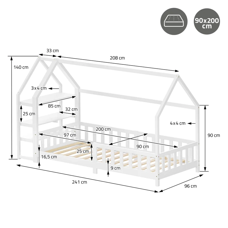 Kinderbett Hausbett 90x200 cm aus Kiefernholz Weiß mit Rausfallschutz Regal Dach und Lattenrost Holzbett ML-Design