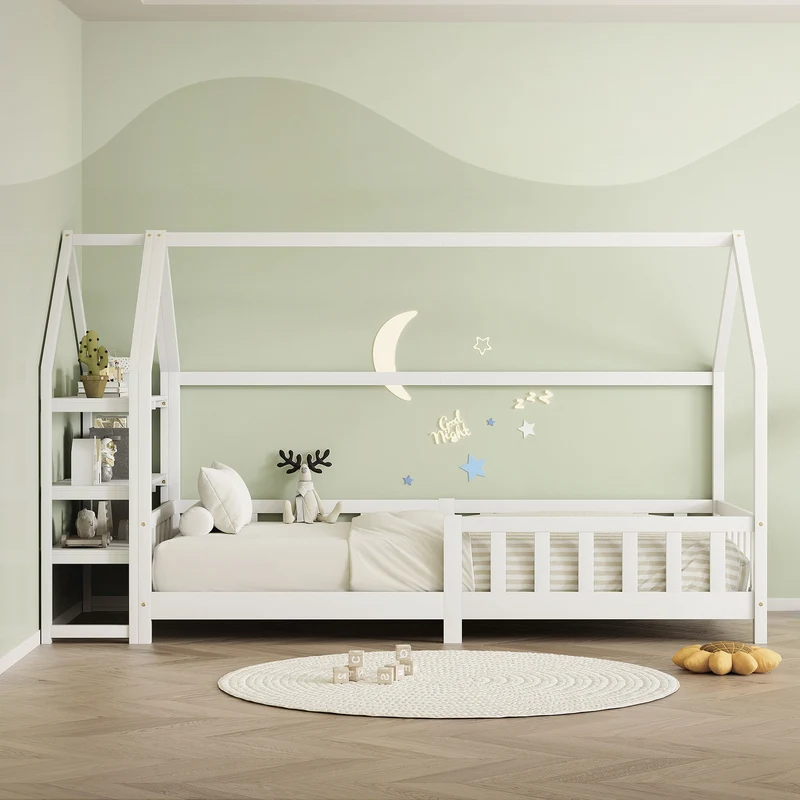 Kinderbett Hausbett 90x200 cm aus Kiefernholz Weiß mit Rausfallschutz Regal Dach und Lattenrost Holzbett ML-Design