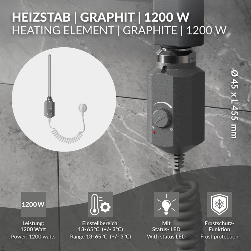 Heizstab 1200W Graphit mit Thermostat für Badheizkörper LuxeBath