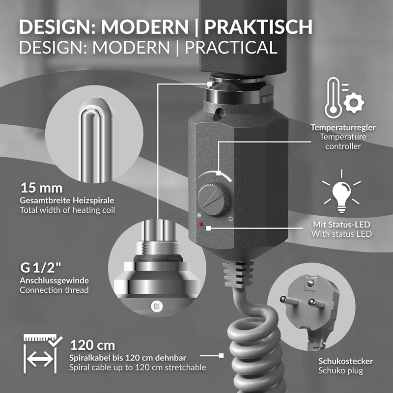 Heizstab 1200W Graphit mit Thermostat für Badheizkörper LuxeBath
