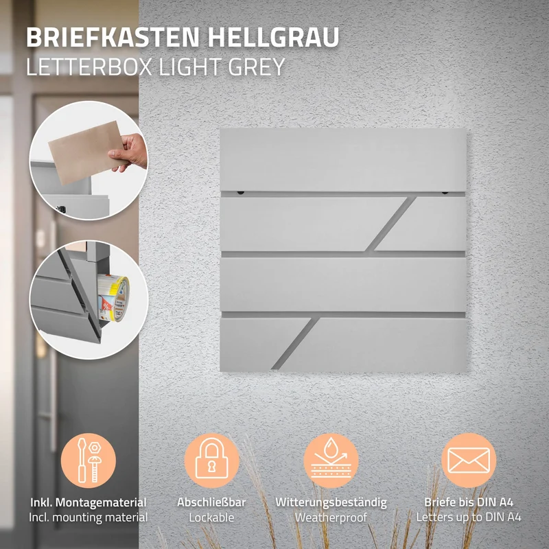 Standbriefkasten mit Zeitungsfach 37x37x11 cm Hellgrau aus Edelstahl inkl. Ständer Silber 120cm hoch ML-Design