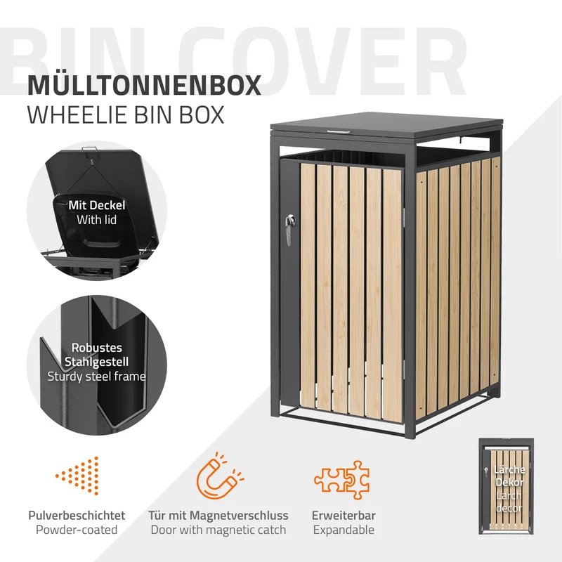 Mülltonnenbox 1er bis 240L 68x80x120 cm aus Stahl in Lärchenoptik ML-Design