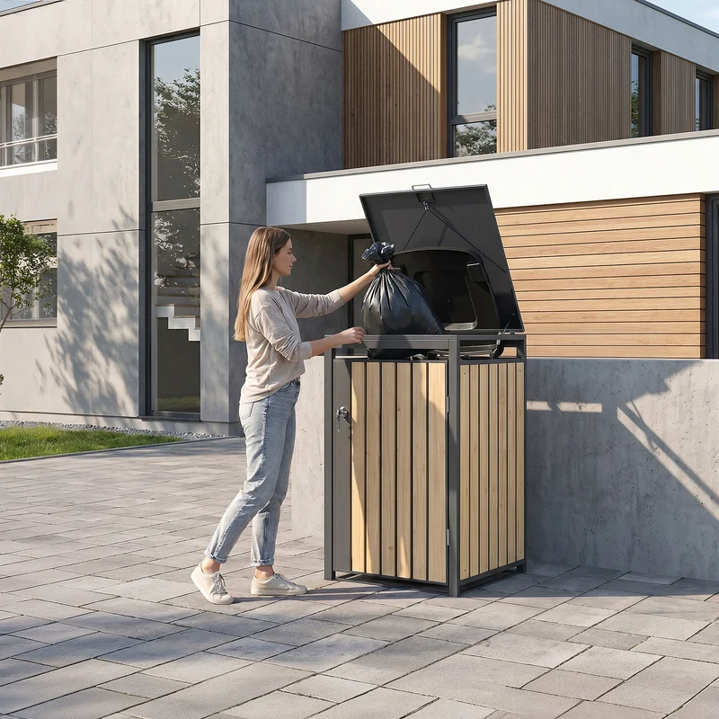 Mülltonnenbox 1er bis 240L 68x80x120 cm aus Stahl in Lärchenoptik ML-Design
