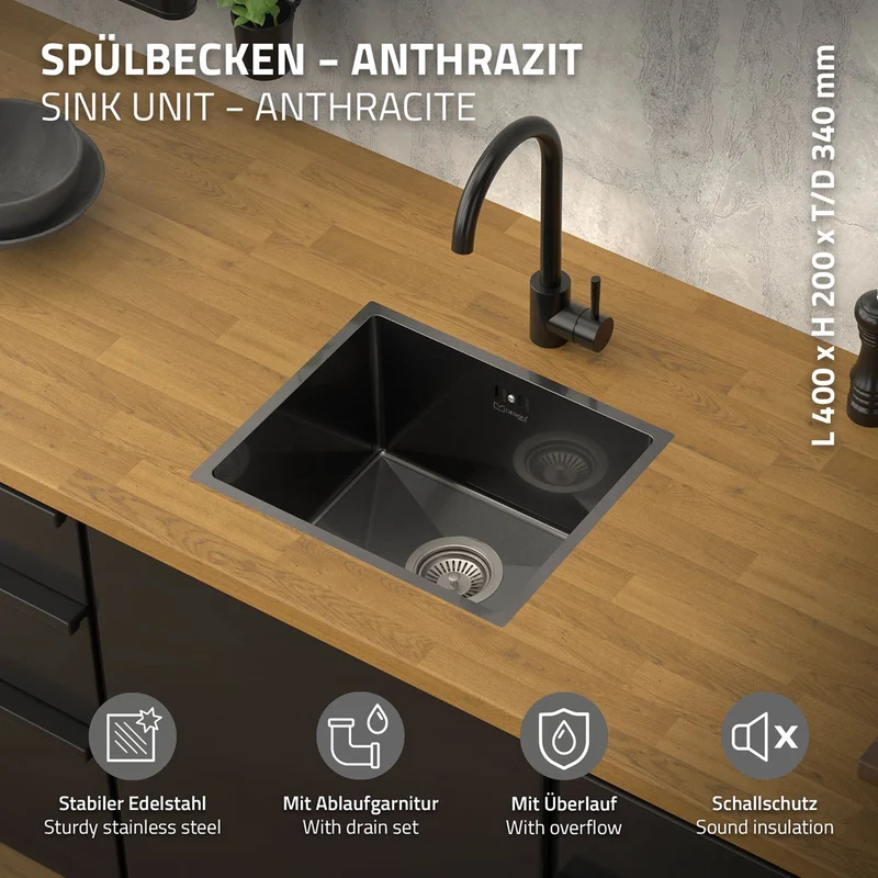 Einbauspüle 34x40 cm Anthrazit mit Ablaufgarnitur und Überlauf aus Edelstahl ML-Design