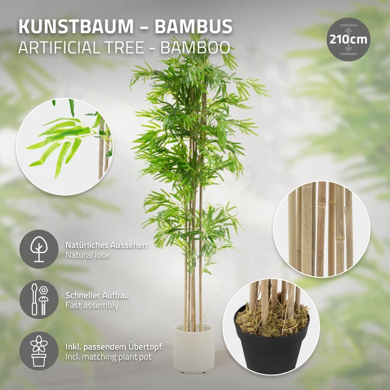Künstlicher Bambus 210 cm Kunstpflanze mit Echtholzstamm ML-Design