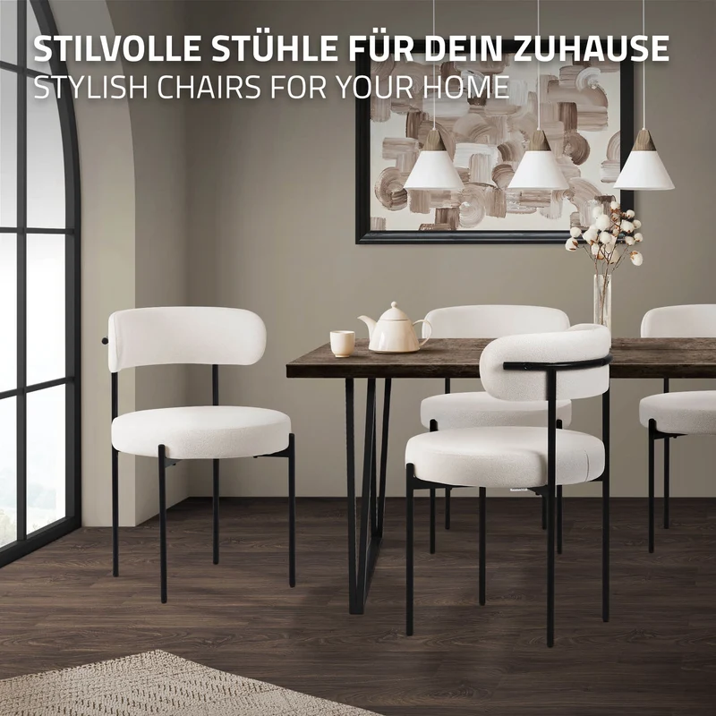 Esszimmerstuhl 4er Set mit Teddystoff mit Rückenlehne Weiß Küchenstuhl ML-Design