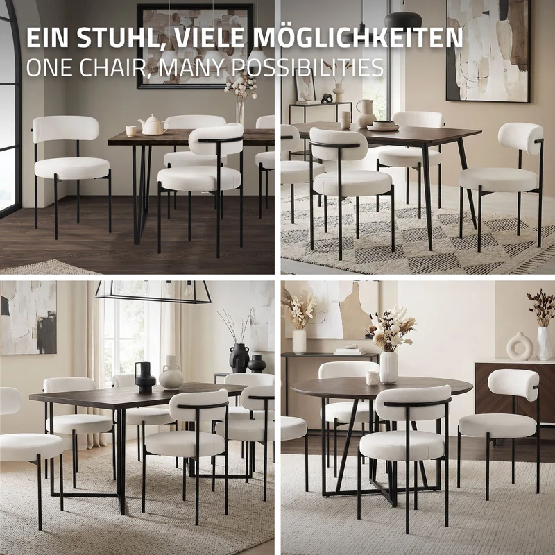 Esszimmerstuhl 4er Set mit Teddystoff mit Rückenlehne Weiß Küchenstuhl ML-Design