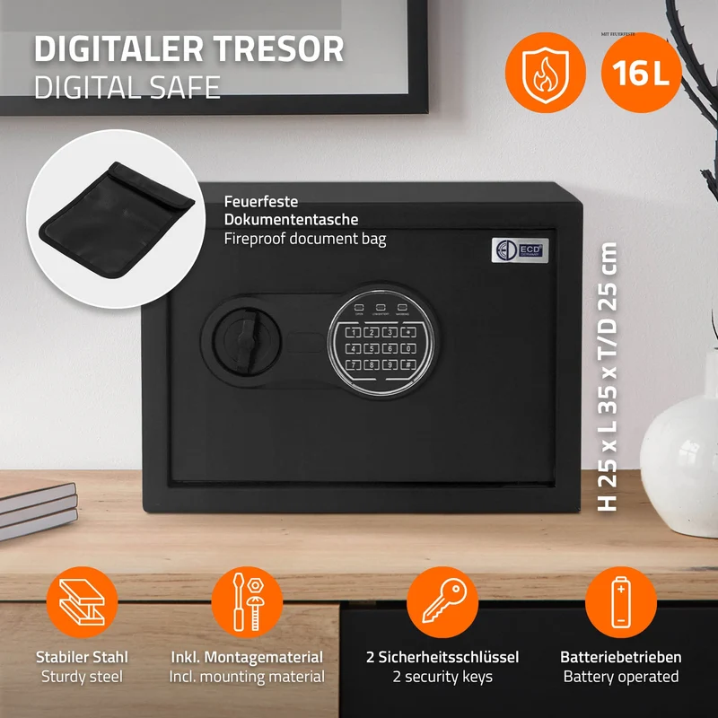 Safe Tresor 16L aus Stahl mit Elektronikschloss, Notschlüsseln und feuerfester Tasche