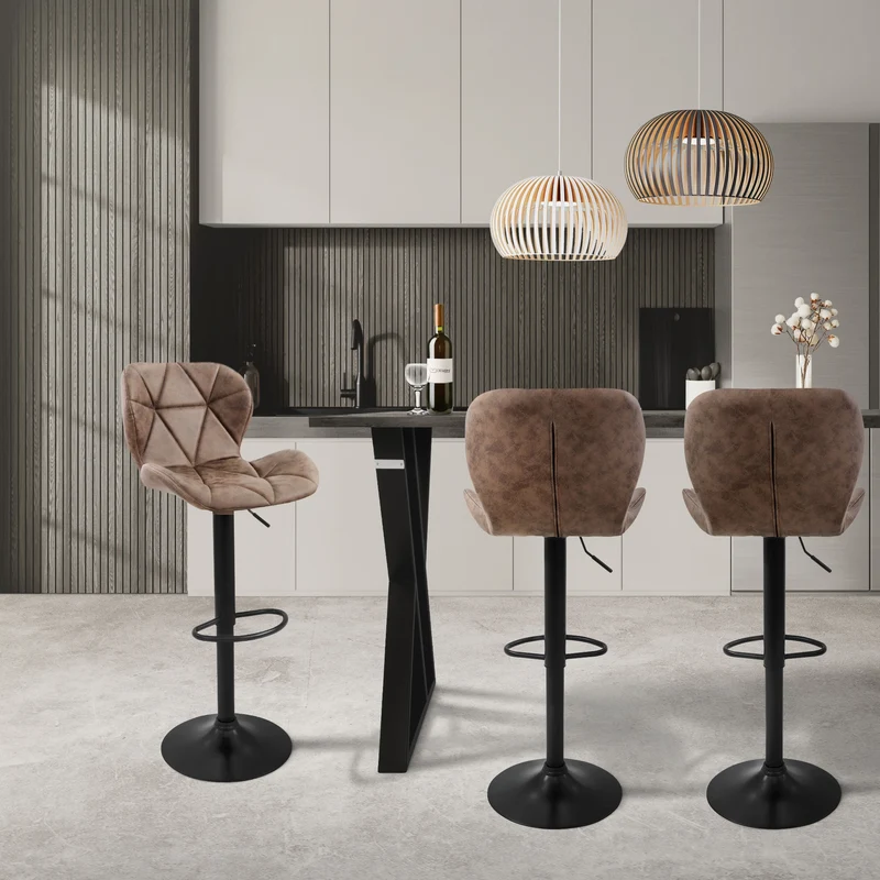 4er Set Barhocker Braun Kunstlederbezug mit Rückenlehne und Fußstütze höhenverstellbar 59-79cm ML-Design