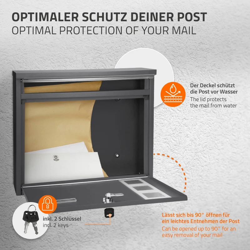 Briefkasten 36x31,5x11,5 cm Anthrazit aus Edelstahl ML-Design