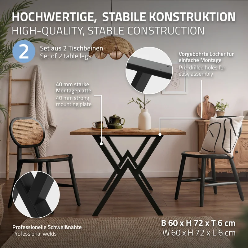 2 Stück Tischbeine B60xH72 cm Tischkufen X-Form Stahl pulverbeschichtet Schwarz ML-Design