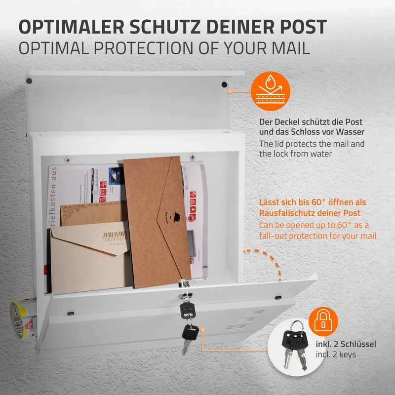 Standbriefkasten mit Zeitungsfach 37 cm Weiß inkl. Ständer 120 cm hoch Silber Briefkasten freistehend