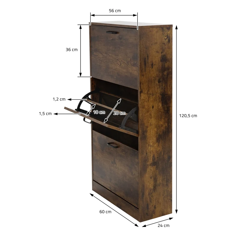 Schuhschrank 60x24x120,5 cm Braun inkl. 3 Klappfächern ML-Design