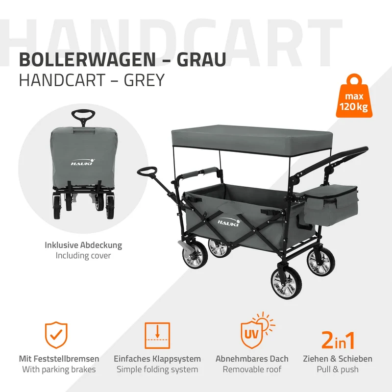 HAUKI | Bollerwagen XXL faltbar mit Dach und Tasche bis 120 kg aus Stahl Grau Transportwagen Handwagen klappbar für Kinder Picknick Garten & Camping