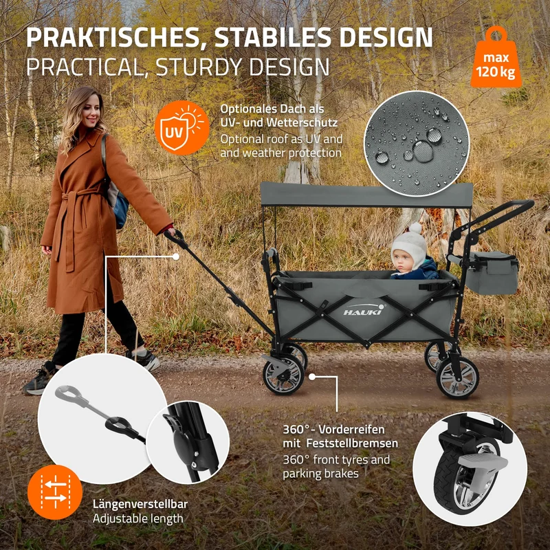 HAUKI | Bollerwagen XXL faltbar mit Dach und Tasche bis 120 kg aus Stahl Grau Transportwagen Handwagen klappbar für Kinder Picknick Garten & Camping