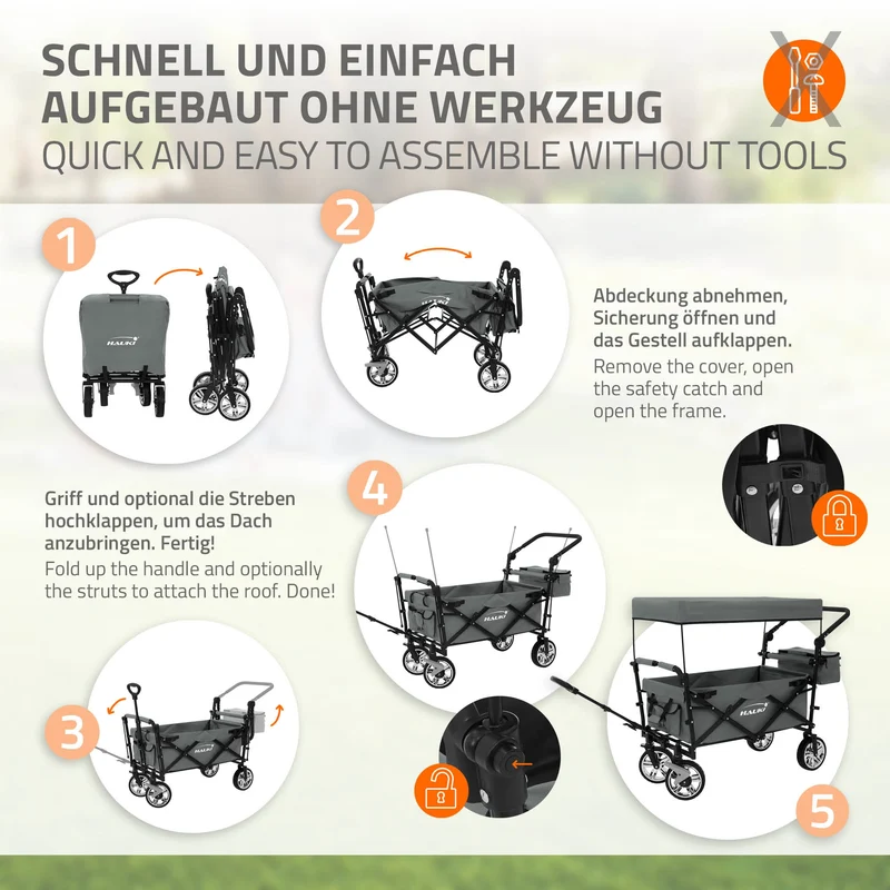 HAUKI | Bollerwagen XXL faltbar mit Dach und Tasche bis 120 kg aus Stahl Grau Transportwagen Handwagen klappbar für Kinder Picknick Garten & Camping