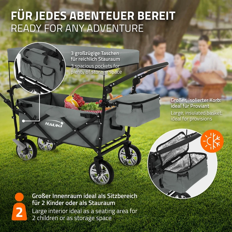 HAUKI | Bollerwagen XXL faltbar mit Dach und Tasche bis 120 kg aus Stahl Grau Transportwagen Handwagen klappbar für Kinder Picknick Garten & Camping
