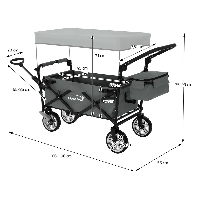 HAUKI | Bollerwagen XXL faltbar mit Dach und Tasche bis 120 kg aus Stahl Grau Transportwagen Handwagen klappbar für Kinder Picknick Garten & Camping