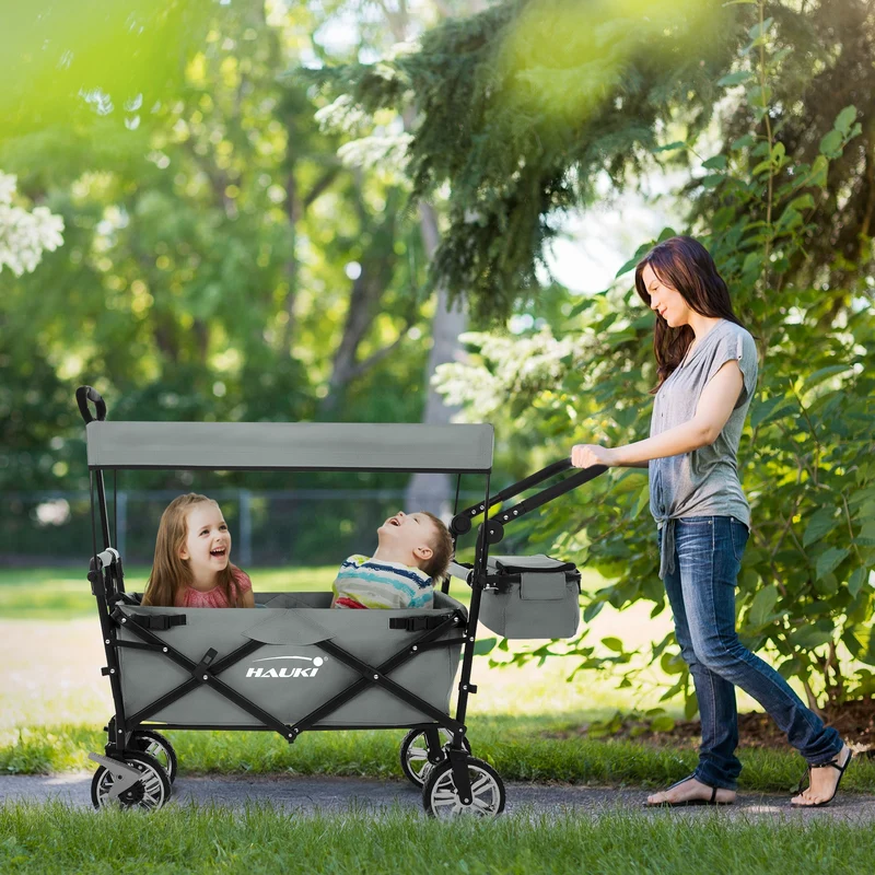HAUKI | Bollerwagen XXL faltbar mit Dach und Tasche bis 120 kg aus Stahl Grau Transportwagen Handwagen klappbar für Kinder Picknick Garten & Camping
