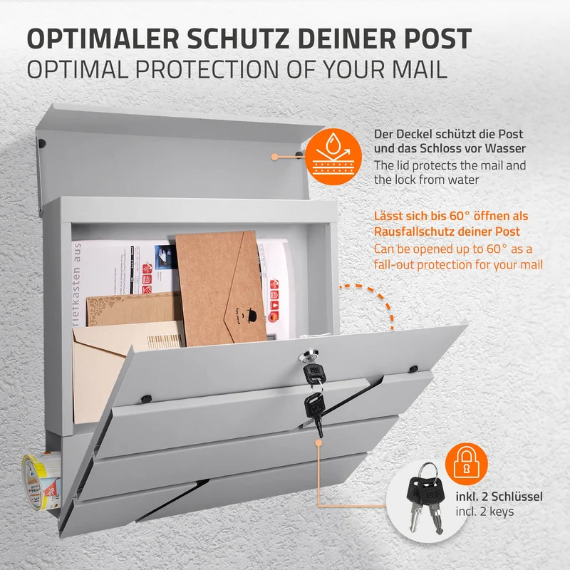 Briefkasten mit Zeitungsfach 37x11x37 cm Hellgrau aus Edelstahl