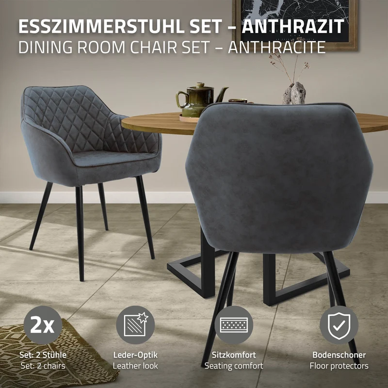 B-Ware Esszimmerstuhl 2er Set Anthrazit Kunstlederbezug mit Metallbeinen inkl. Montagematerial ML-Design