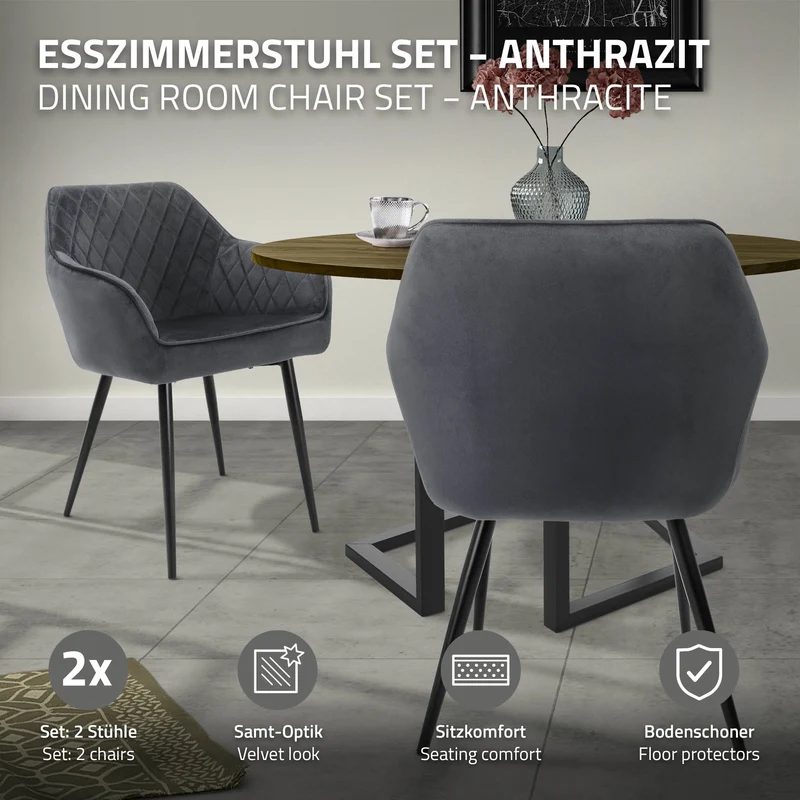 B-Ware Esszimmerstuhl 2er Set Anthrazit Samtbezug mit Metallbeinen inkl. Montagematerial ML-Design