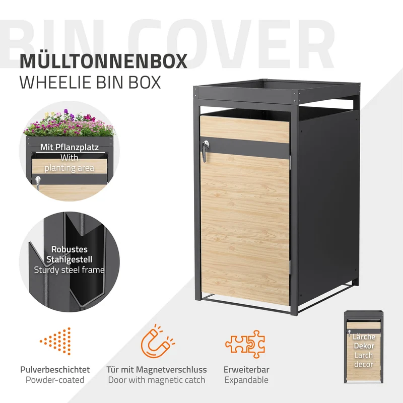 Mülltonnenbox mit Pflanzdach 1er bis 240L 68x80x124 cm aus Stahl in Lärchenoptik ML-Design