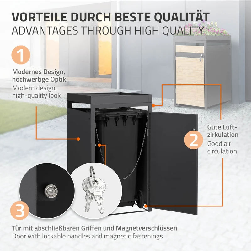 Mülltonnenbox mit Pflanzdach 1er bis 240L 68x80x124 cm aus Stahl in Lärchenoptik ML-Design