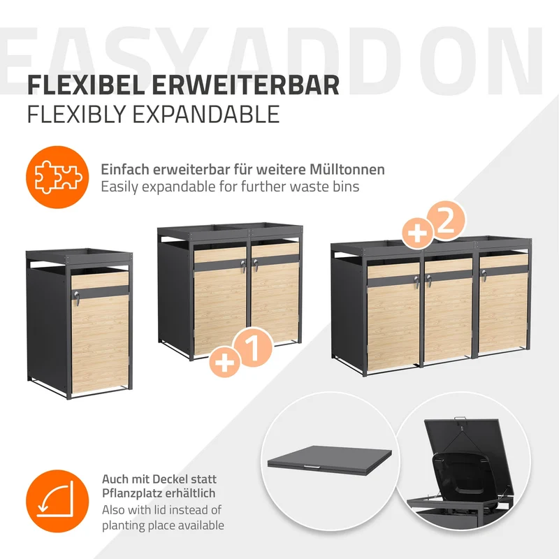 Mülltonnenbox mit Pflanzdach 1er bis 240L 68x80x124 cm aus Stahl in Lärchenoptik ML-Design