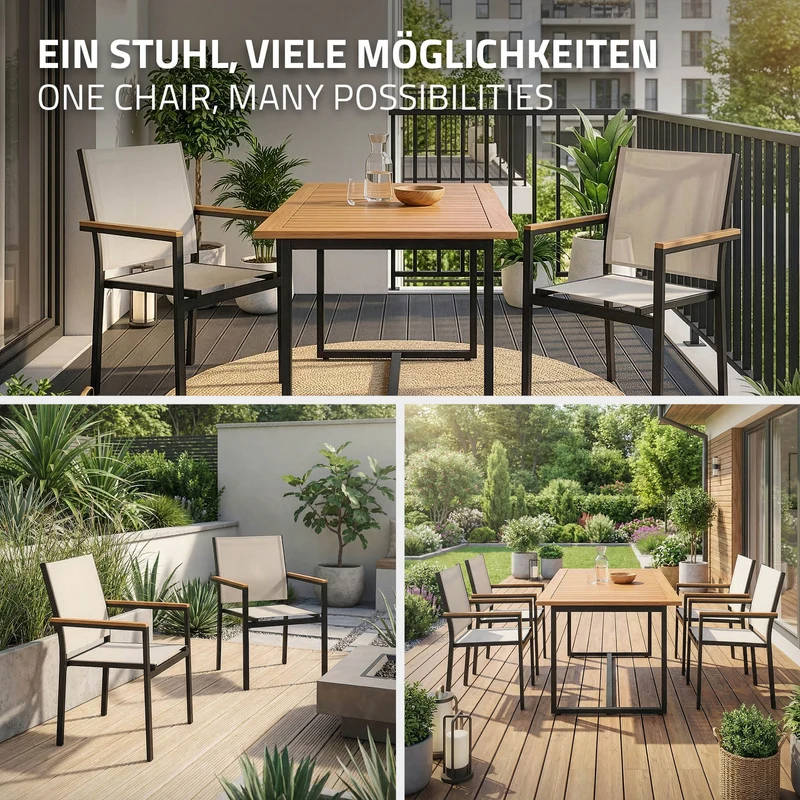 Gartenstühle 4er Set mit Armlehnen Beige aus Textilene, Balkonstuhl mit Aluminiumgestell ML-Design