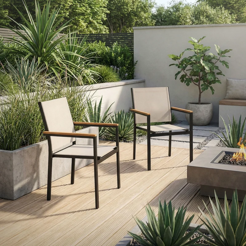 Gartenstühle 4er Set mit Armlehnen Beige aus Textilene, Balkonstuhl mit Aluminiumgestell ML-Design