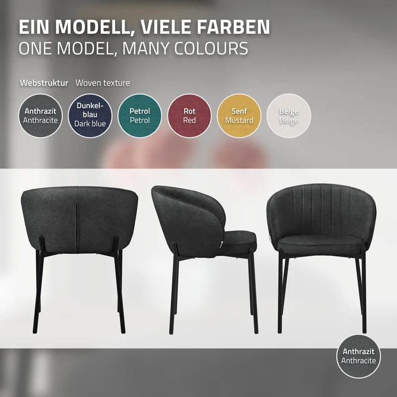 4er Set Esszimmerstühle mit Rücken- & Armlehne Anthrazit mit Metallbeinen bis 120 kg ML-Design