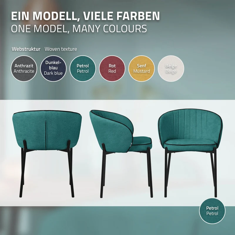 6er Set Esszimmerstühle mit Rücken- & Armlehne Petrol mit Metallbeinen bis 120 kg ML-Design