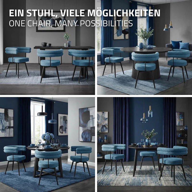 6er Set Esszimmerstühle 360° drehbar in Blau Teddy-Stoff mit Arm- und Rückenlehnen Küchenstuhl ML-Design