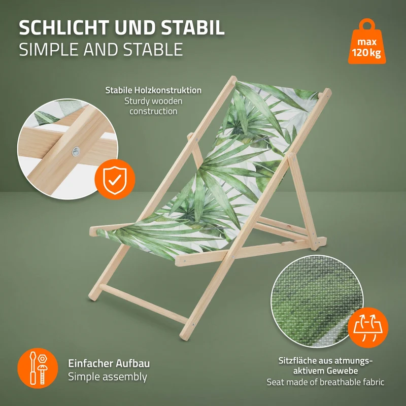4er Set Gartenliege aus Holz in Palme Grün-Weiß klappbarer Beachstuhl Strandstuhl Strandliege Liegestuhl Sonnenliege Relaxliege