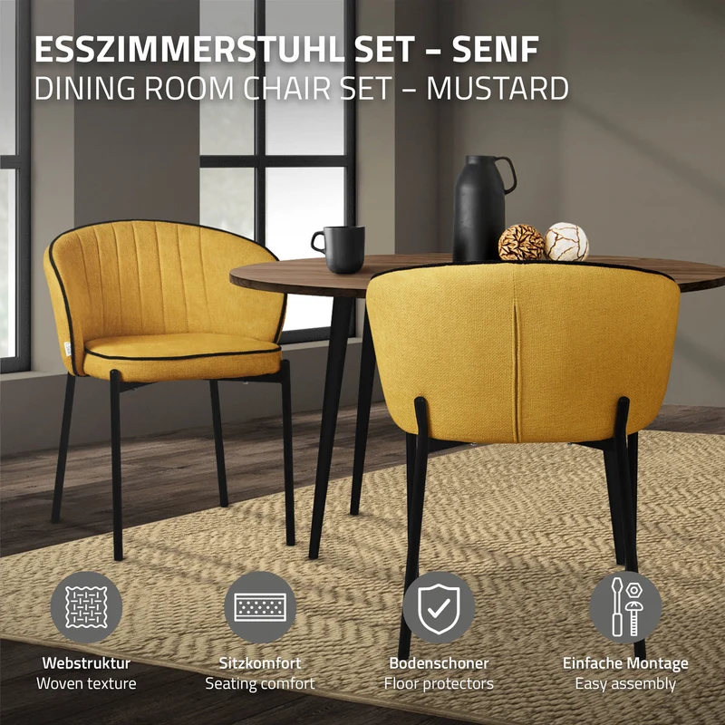 4er Set Esszimmerstühle mit Rücken- & Armlehne Senf mit Metallbeinen bis 120 kg ML-Design