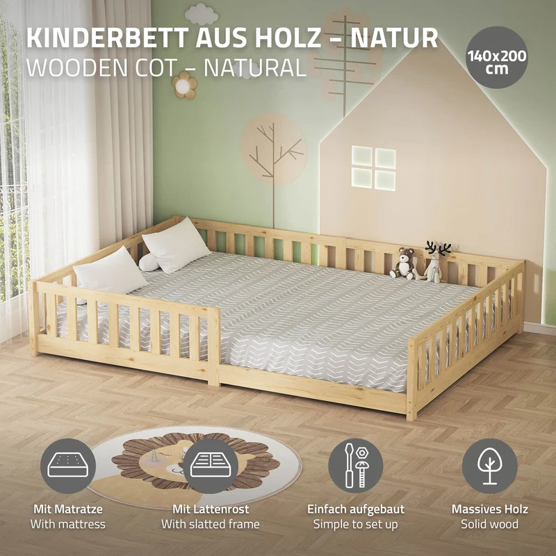 Kinderbett 140x200 cm mit Matratze Lattenrost und Rausfallschutz Natur Kiefernholz ML-Design