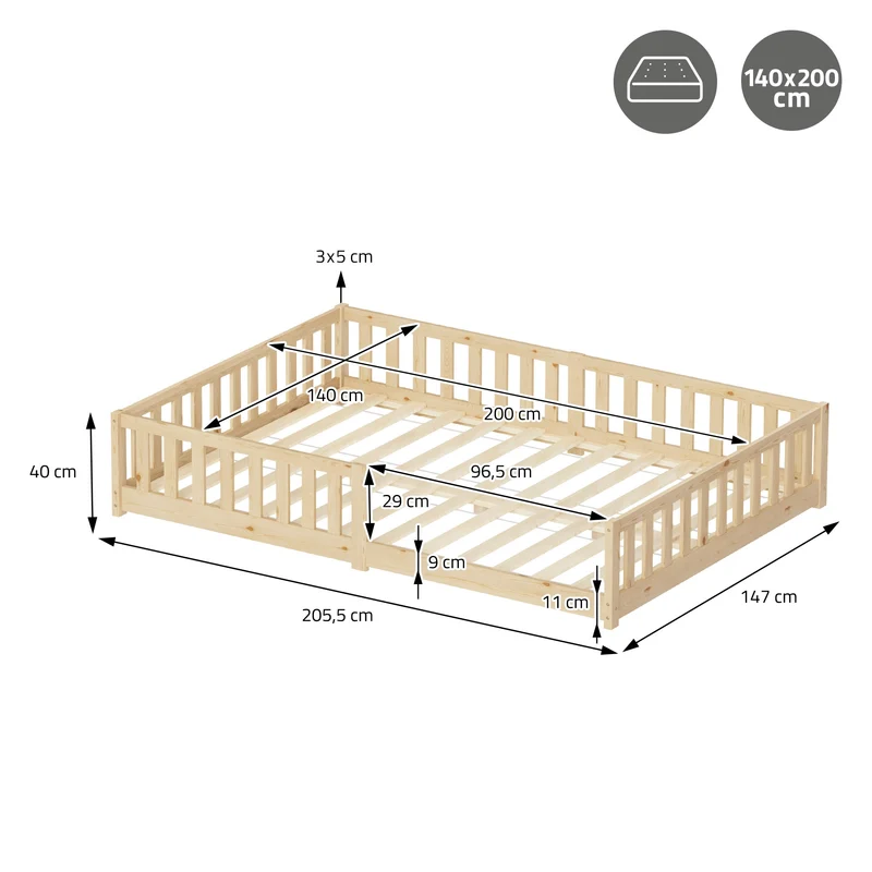 Kinderbett 140x200 cm mit Matratze Lattenrost und Rausfallschutz Natur Kiefernholz ML-Design
