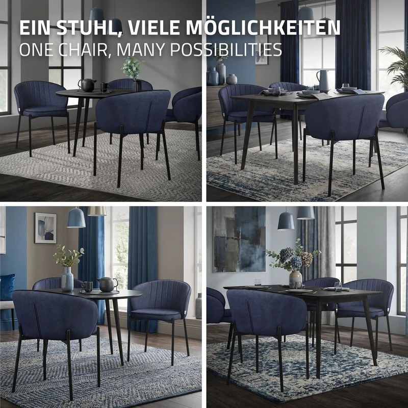 6er Set Esszimmerstühle mit Rücken- & Armlehne Dunkelblau mit Metallbeinen bis 120 kg ML-Design