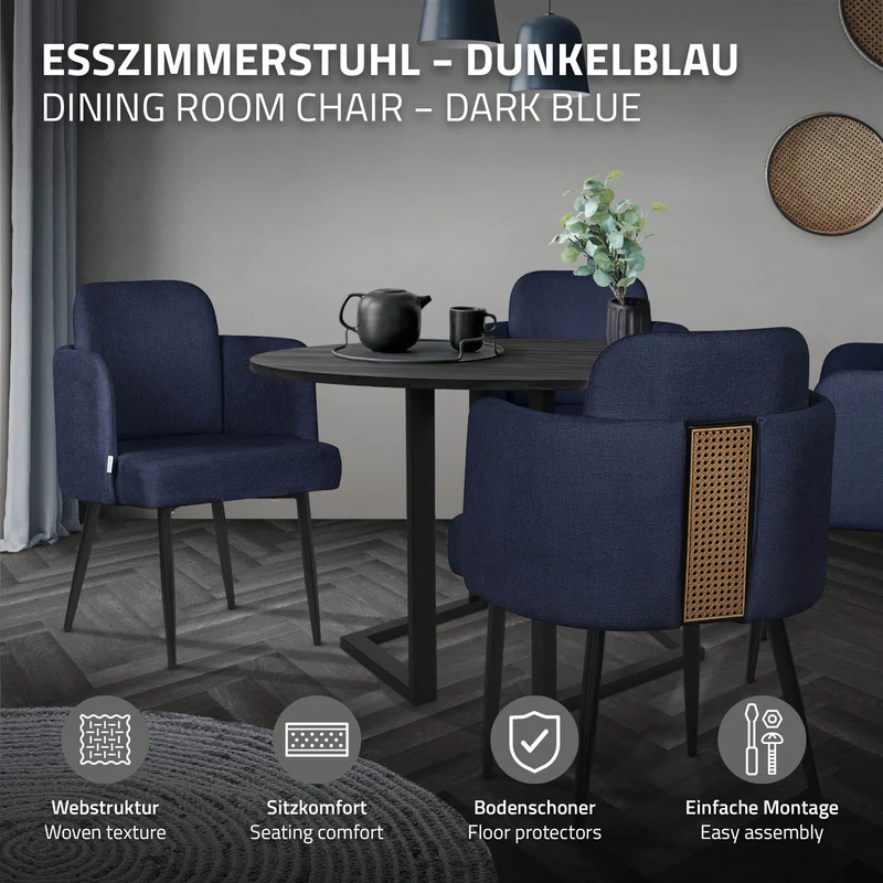 6er Set Esszimmerstühle mit Rücken- & Armlehne Dunkelblau mit Metallbeinen bis 120 kg ML-Design