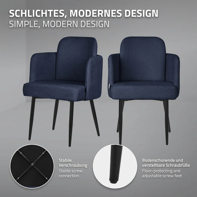 6er Set Esszimmerstühle mit Rücken- & Armlehne Dunkelblau mit Metallbeinen bis 120 kg ML-Design